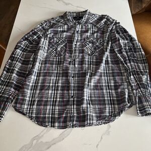 Buckle Men's Pop Icon Pearl Snap Long Sleeve Plaid Shirt Embroidered Size XL